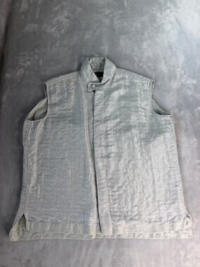 eskandar Silver Crinkled Silk Vest Size 0 1 Mandarin Collar Neiman Marcus 21x23
